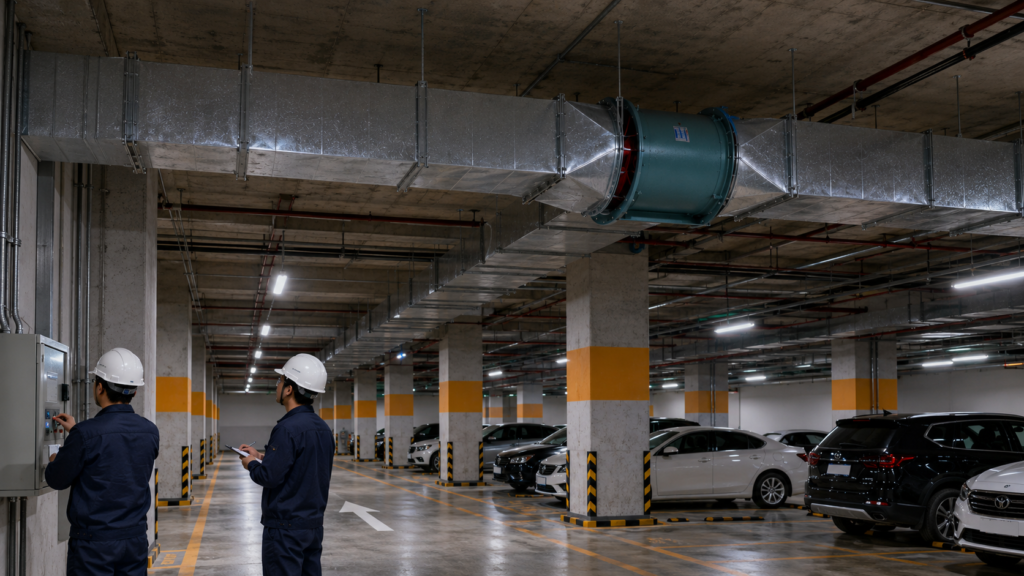 ubai parking garage ventilation project with POPULA fire exhaust fan