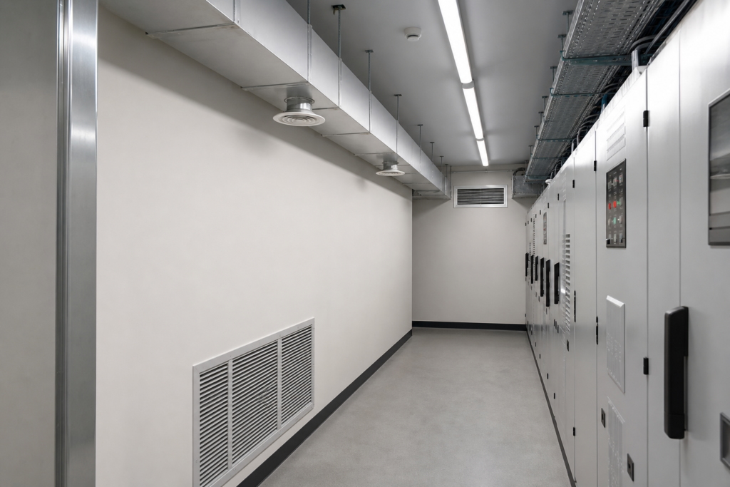 electrical control room ventilation layout with low-level intake and ceiling duct supply