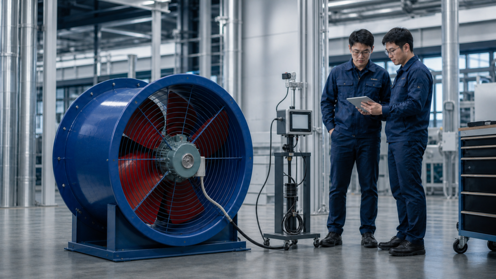 Asian engineers reviewing POPULA-style industrial fans for EU ecodesign efficiency requirements
