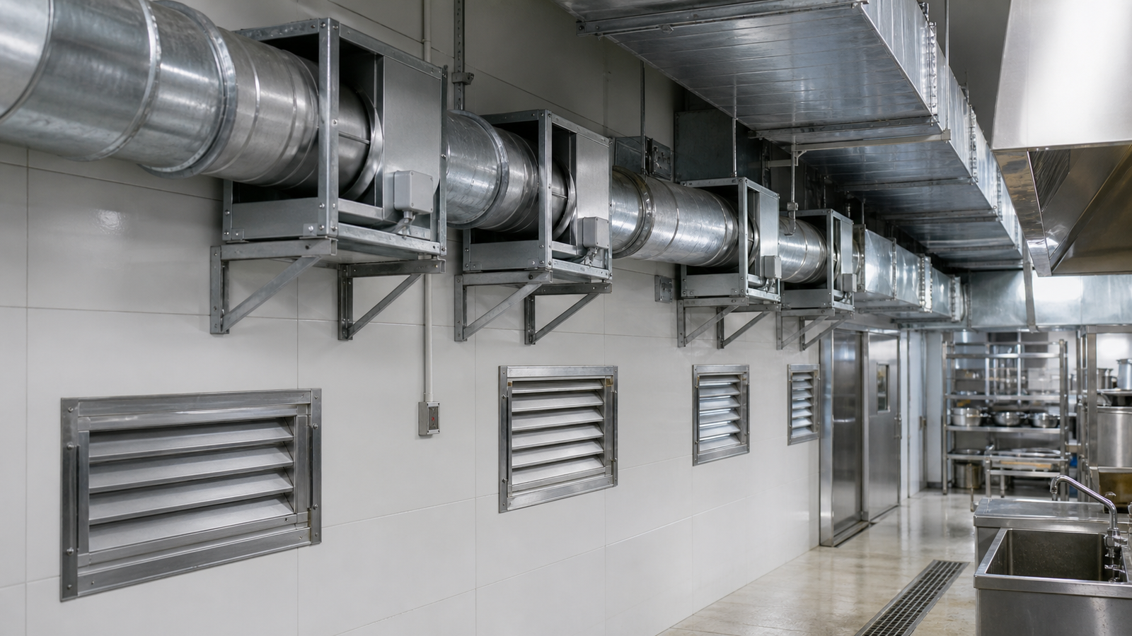POPULA fan food processing ventilation project with GDF centrifugal pipe fans on ductwork