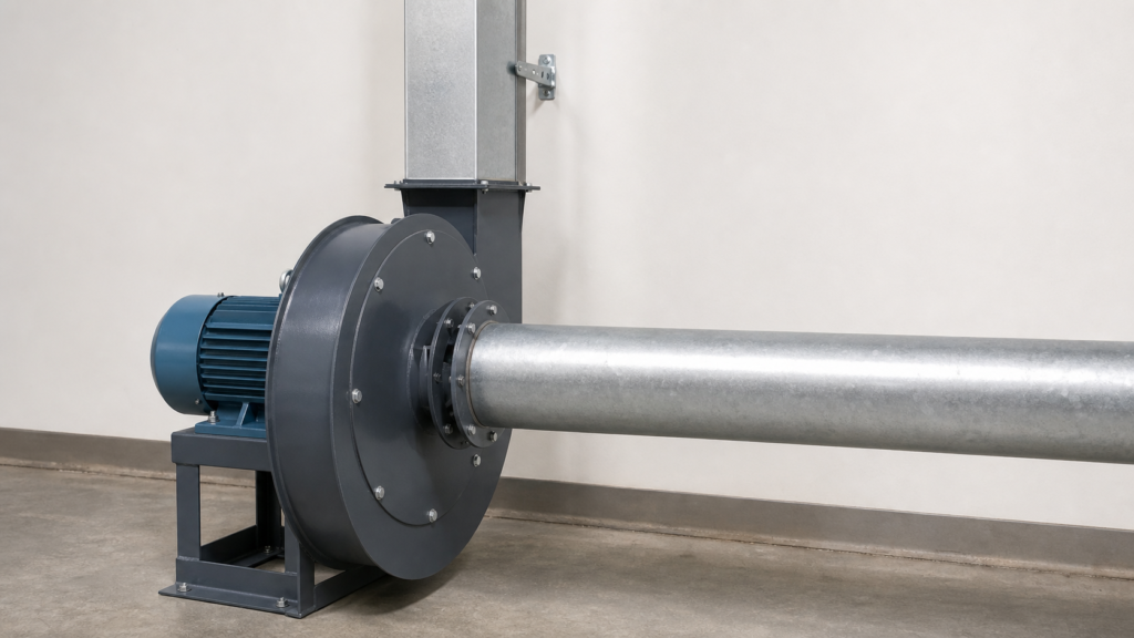 9-26 high pressure centrifugal fan with motor at rear, round inlet duct and straight vertical rectangular discharge duct