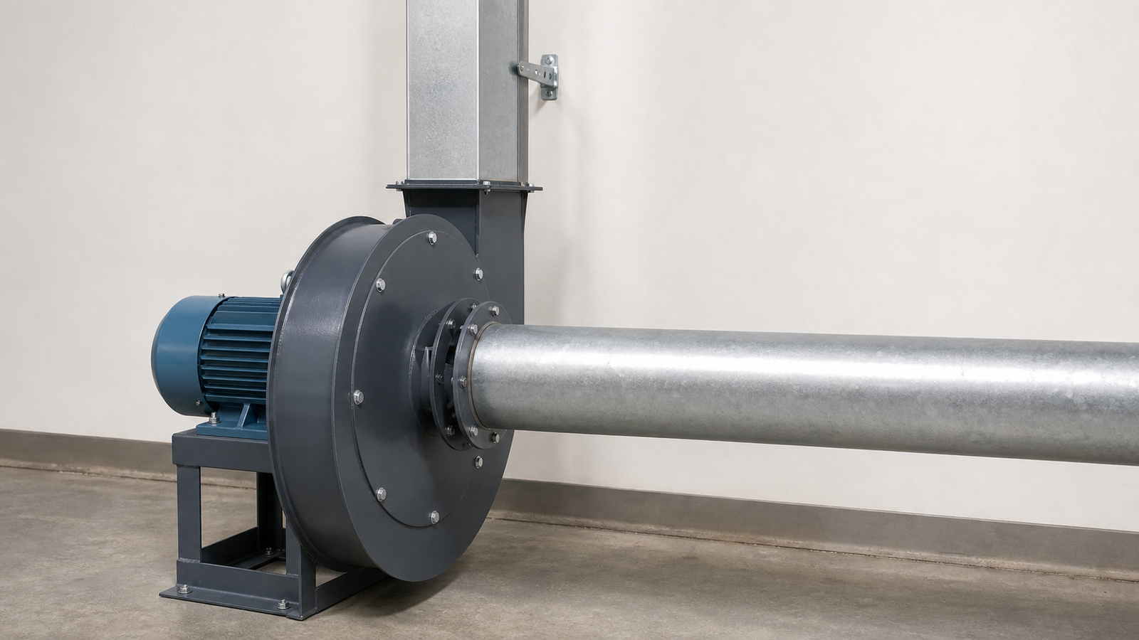 9-26 high pressure centrifugal fan with motor at rear, round inlet duct and straight vertical rectangular discharge duct