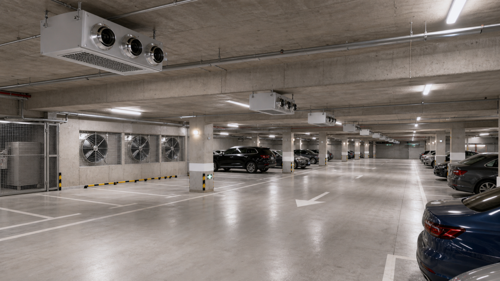 POPULA fan underground parking ventilation solution with supply and induction airflow equipment