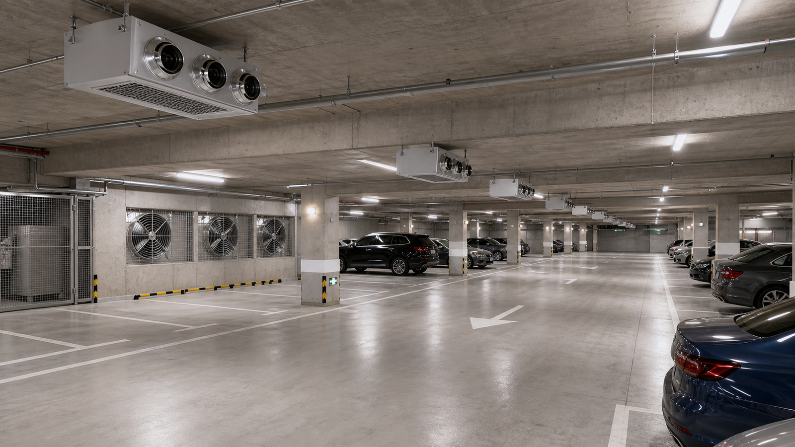 POPULA fan underground parking ventilation solution with wall supply fans and induction fans