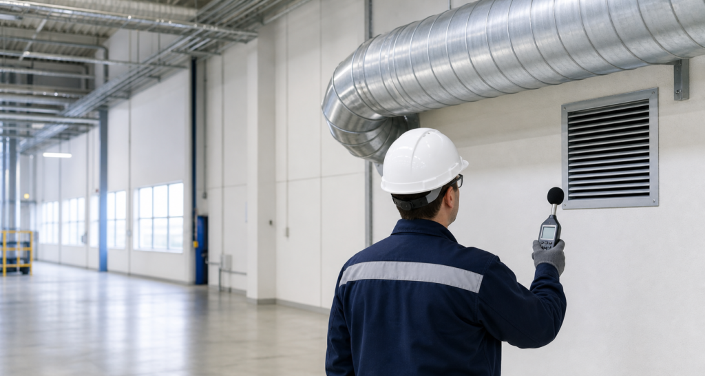 industrial ventilation noise control measurement near duct and wall grille
