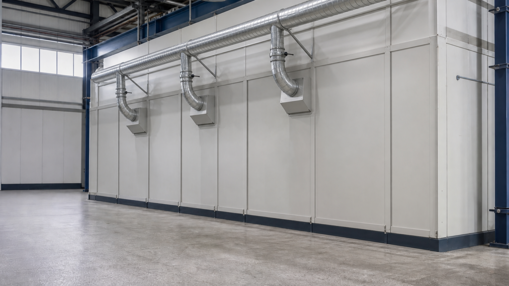 spray booth multi-branch exhaust duct layout with balancing dampers