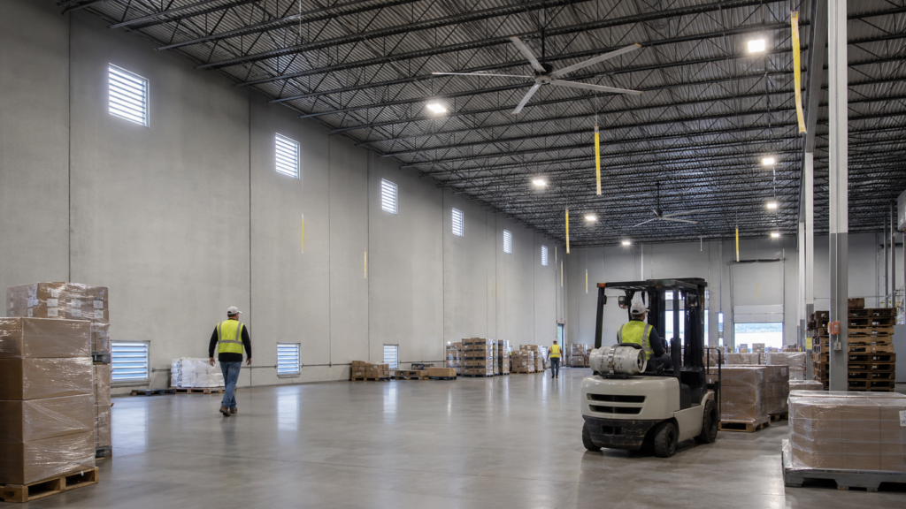 warehouse loading dock ventilation layout with high exhaust and low fresh air