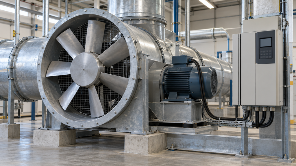 Industrial axial fan and variable frequency drive in a factory ventilation system