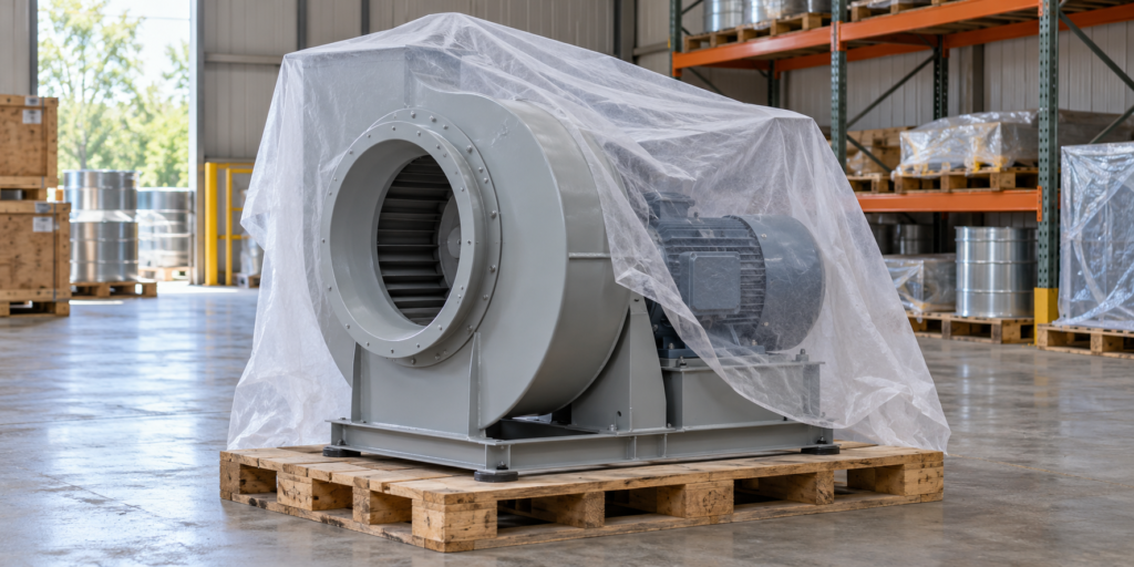 Industrial centrifugal fan stored under a protective cover on a pallet inside a warehouse