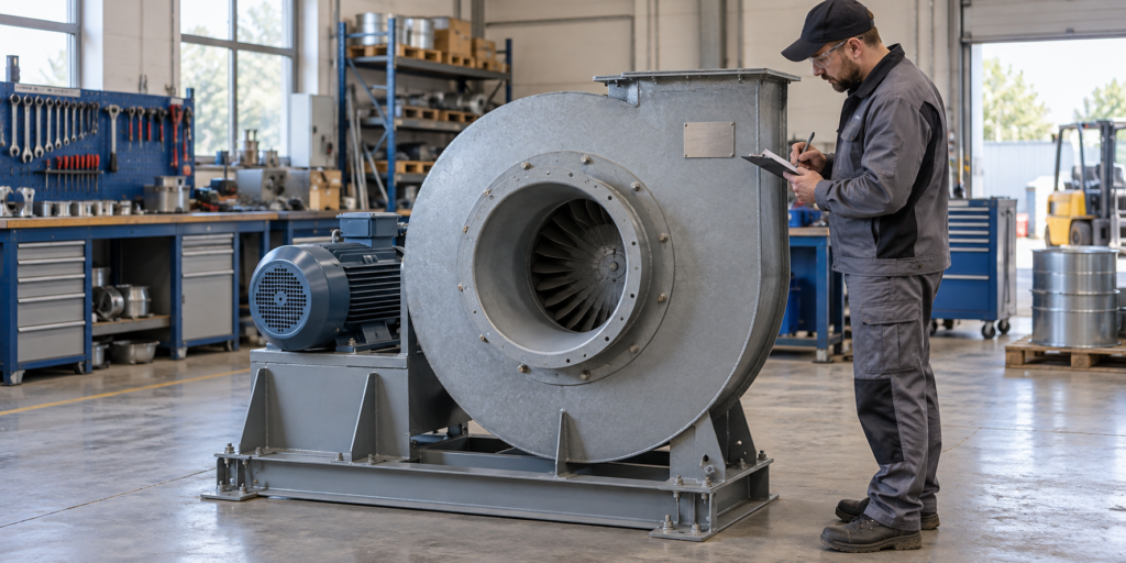 Technician records the nameplate details of a centrifugal fan in an industrial workshop