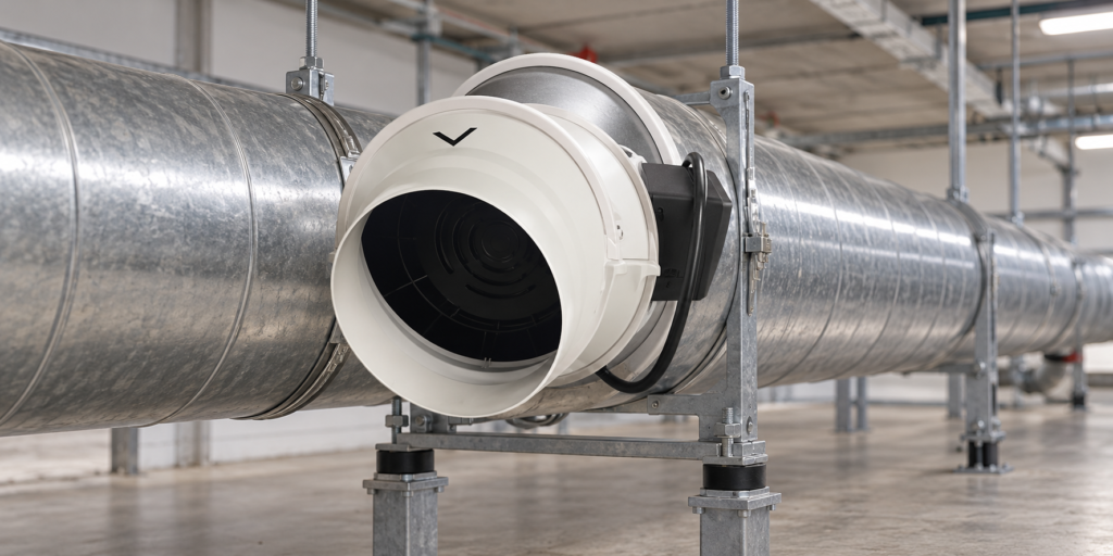 POPULA JD series mixed-flow duct ventilator installed inline with round ducts aligned along the airflow axis, shown from a front three-quarter angle.