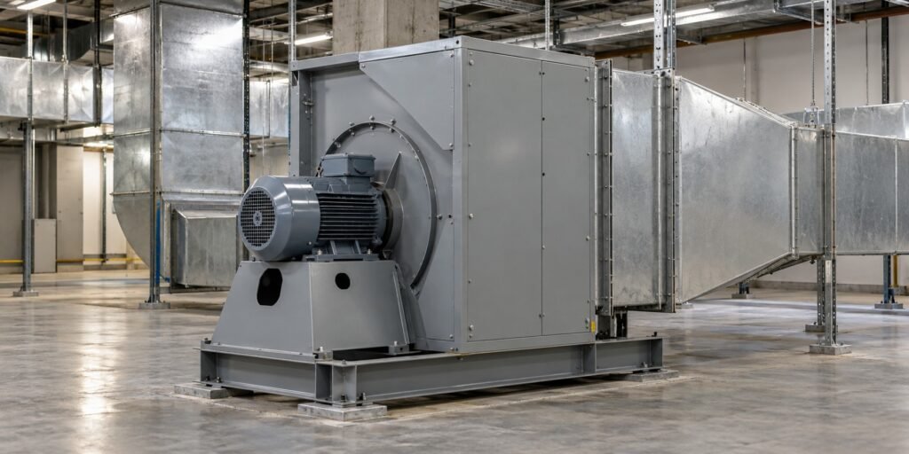 Cabinet-style centrifugal fire smoke exhaust fan installed with connected metal ductwork in a mechanical room